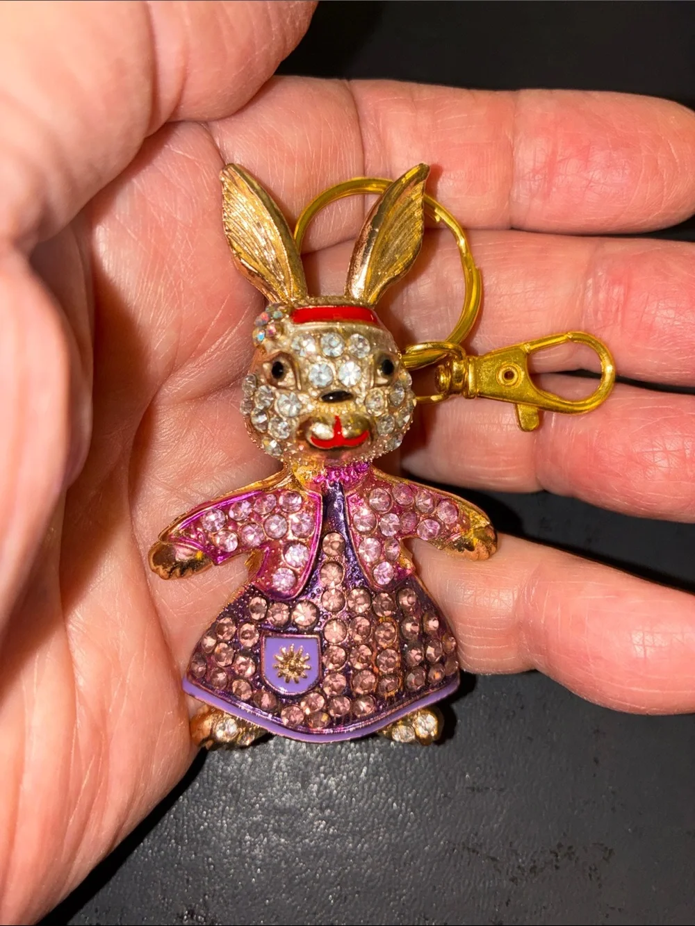 Gold-Tone Pink Crystal Bunny Charm Keychain